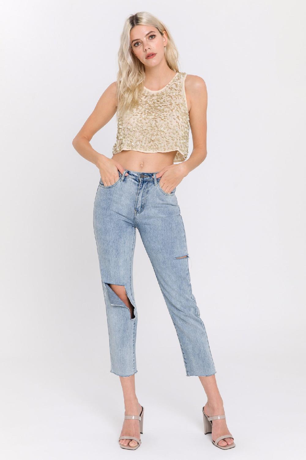 Endless Rose Flower Spangled Top BEIGE