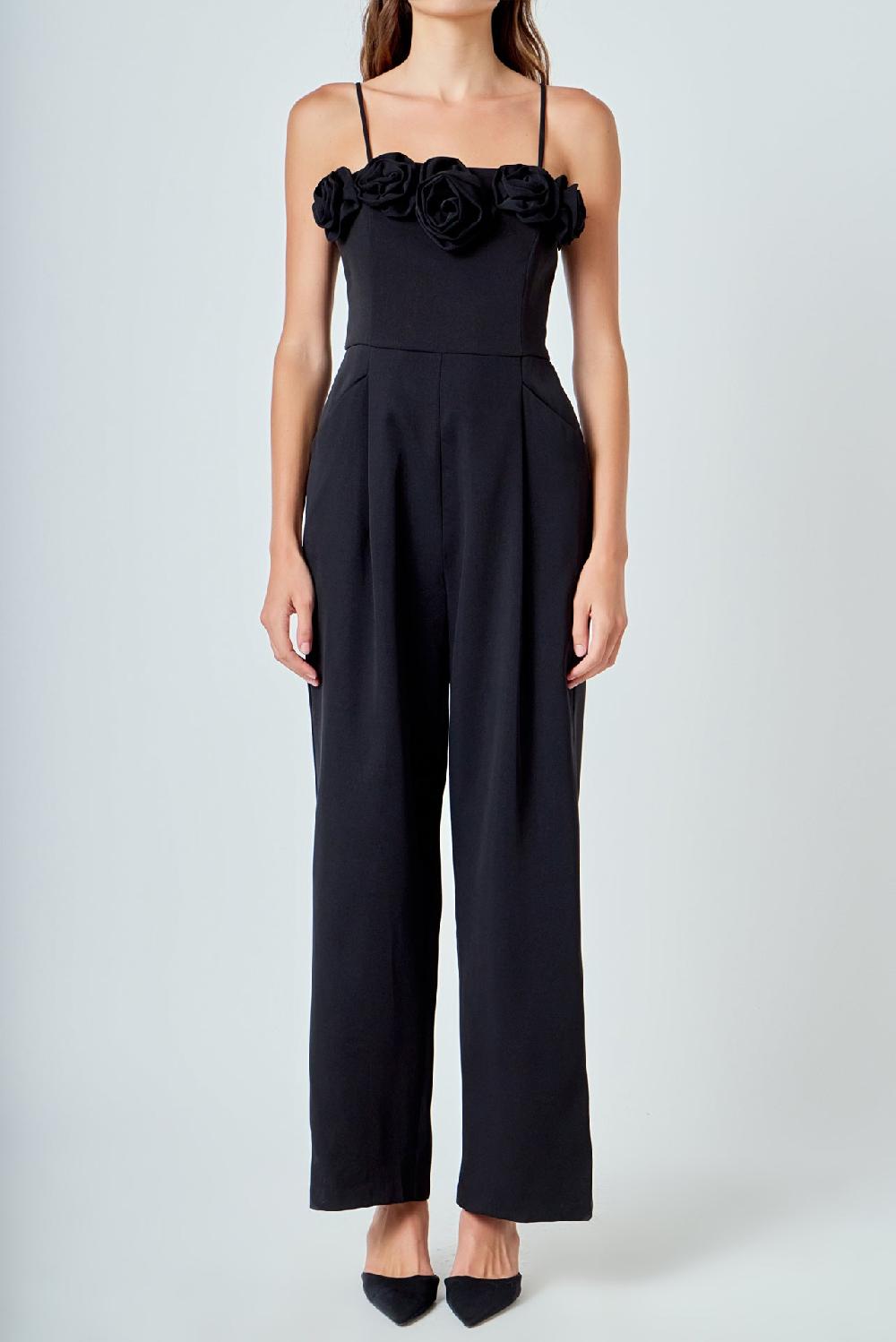Endless Rose Flower Trim Jumpsuit BLACK
