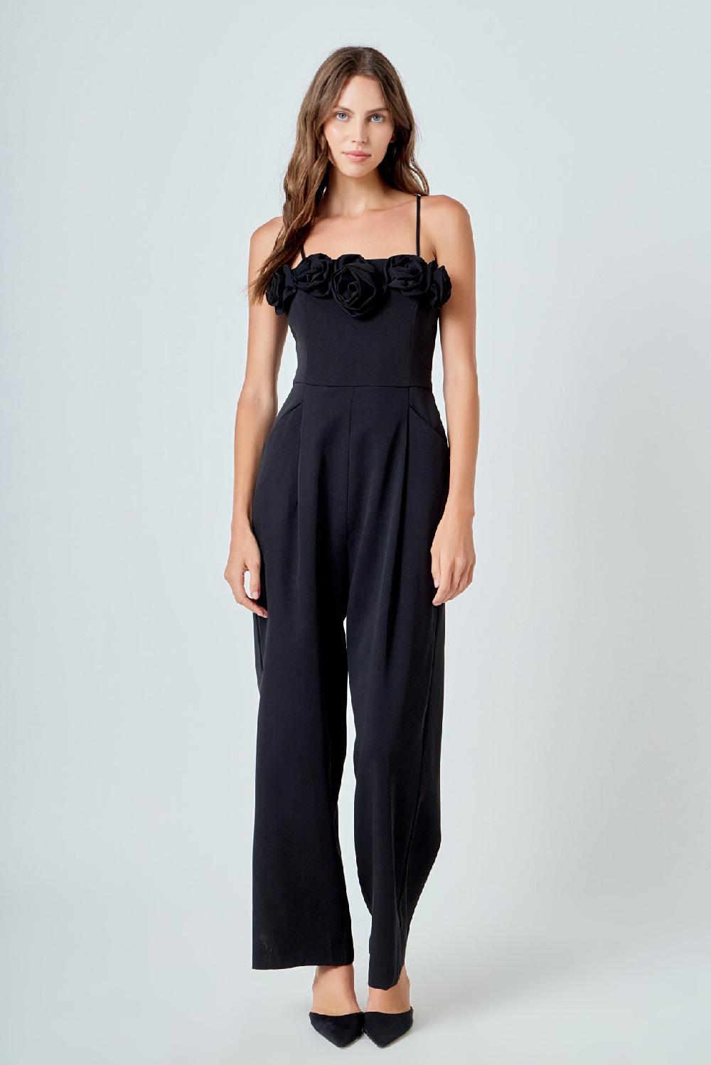 Endless Rose Flower Trim Jumpsuit BLACK