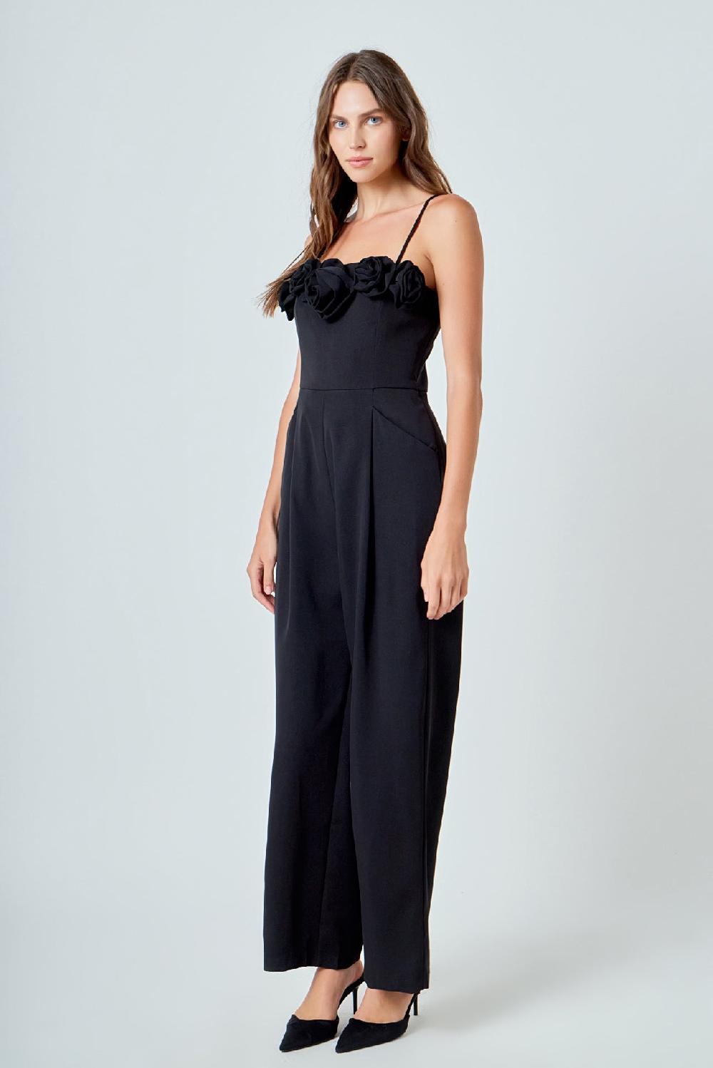 Endless Rose Flower Trim Jumpsuit BLACK