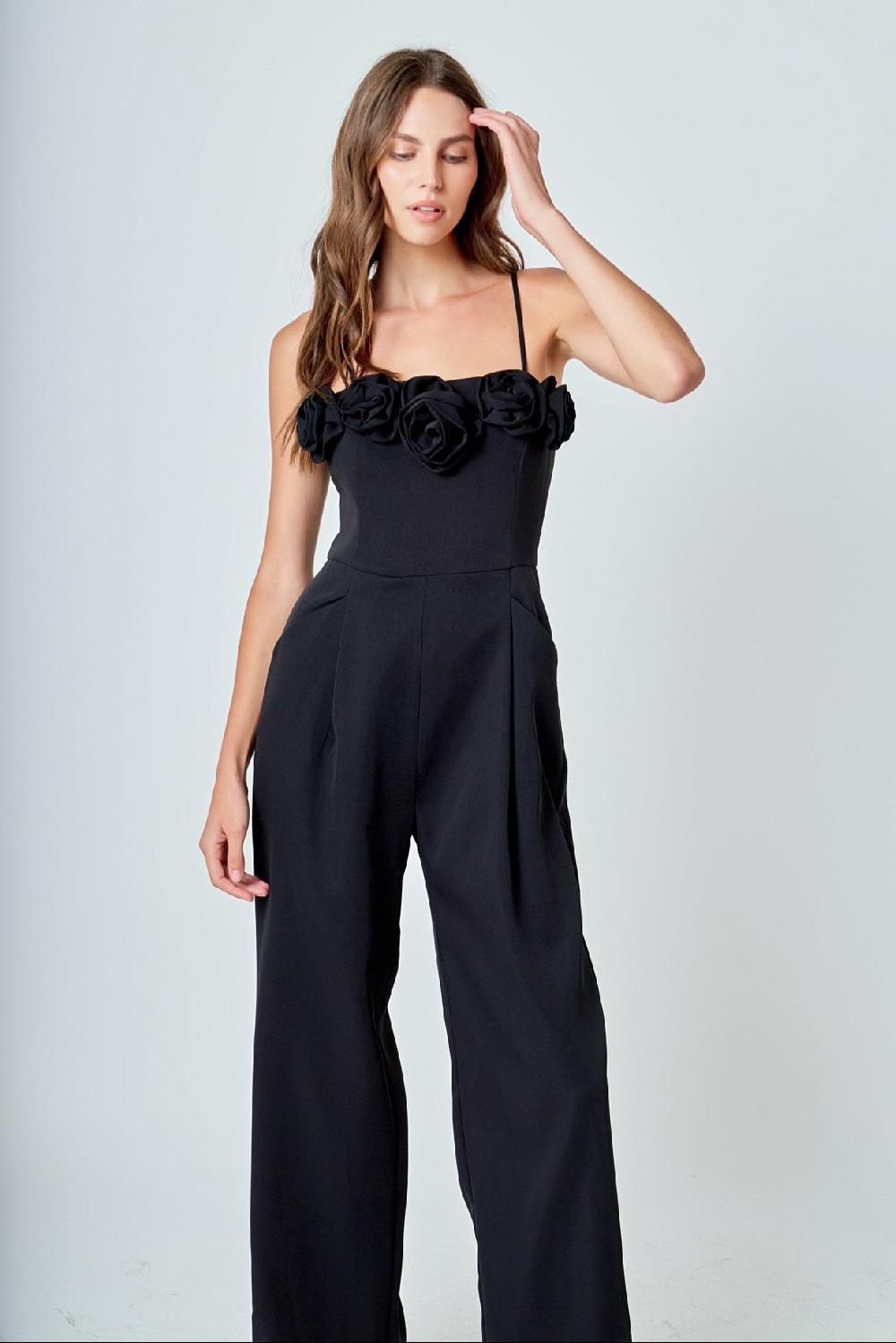 endless rose Flower Trim Jumpsuit BLACK