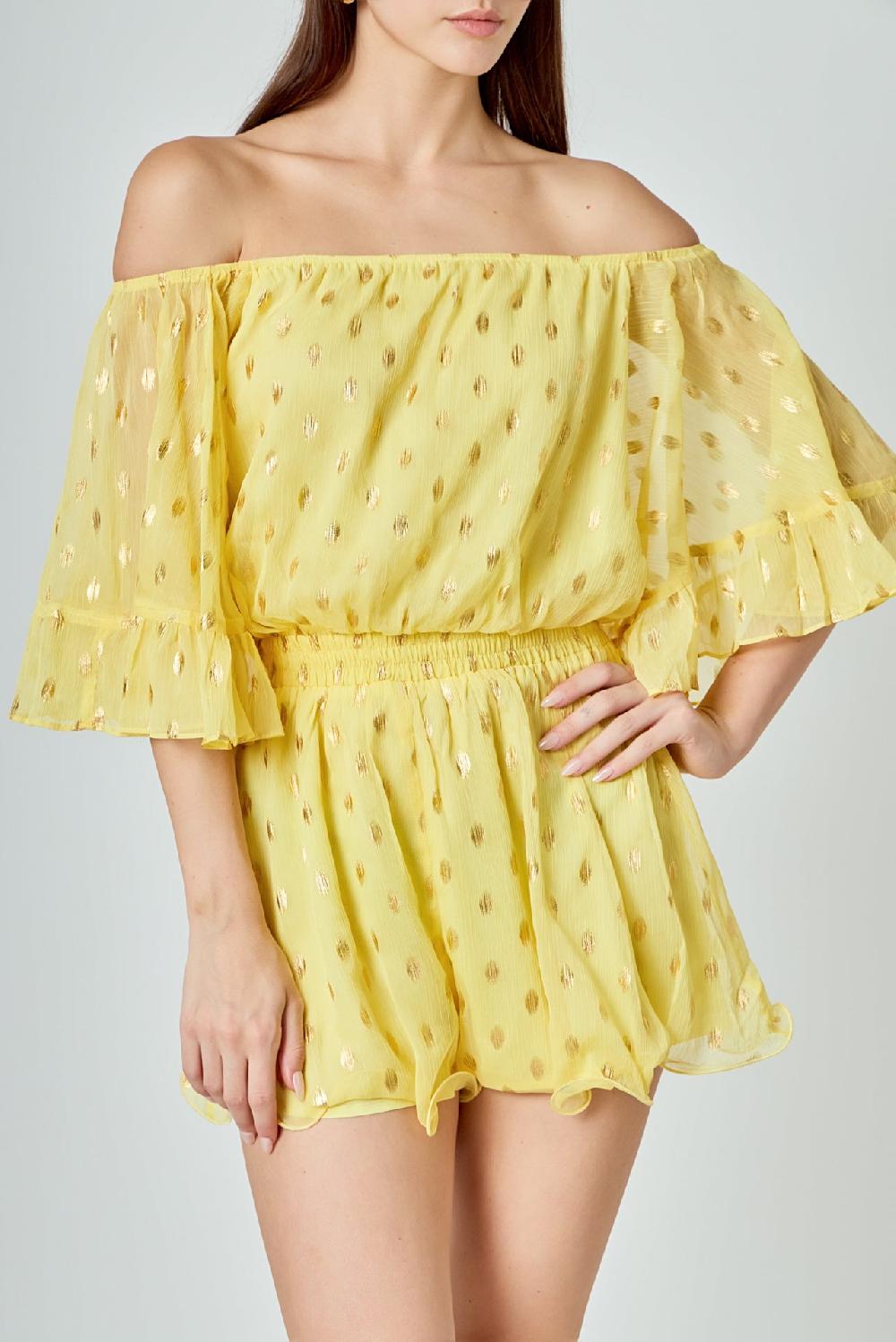 Endless Rose Foil Print Off-Shoulder Romper LEMON