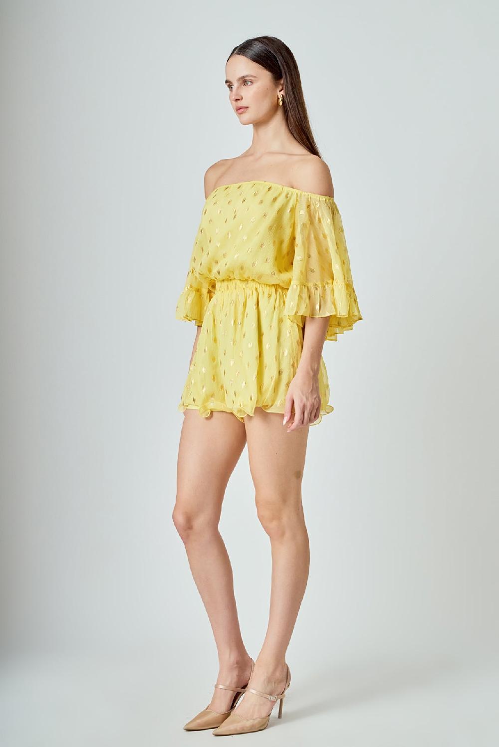 Endless Rose Foil Print Off-Shoulder Romper LEMON