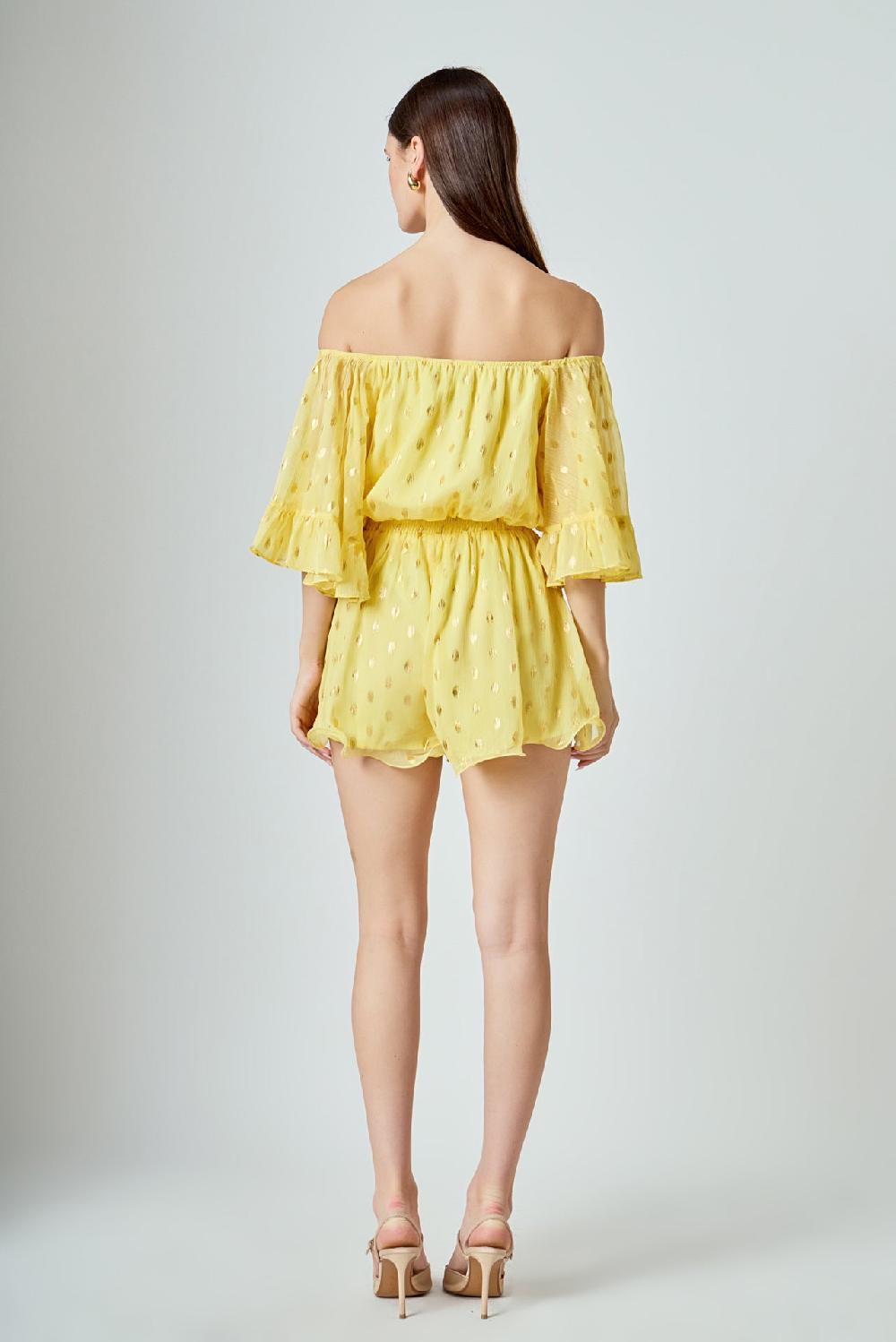 Endless Rose Foil Print Off-Shoulder Romper LEMON