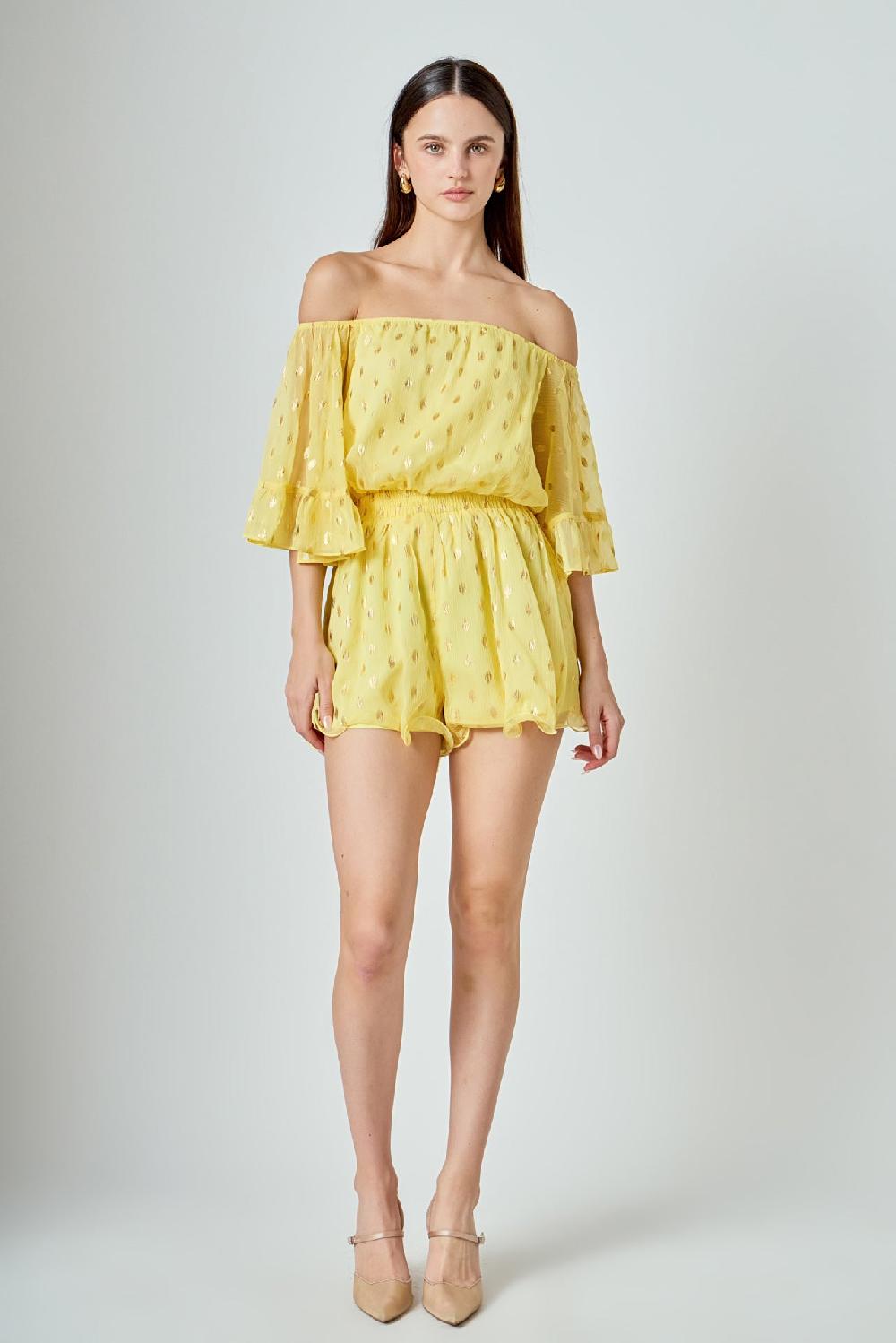 Endless Rose Foil Print Off-Shoulder Romper LEMON