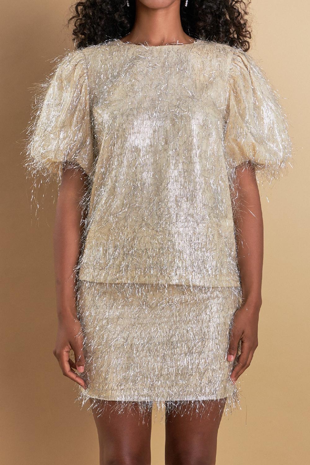 Endless Rose Fringe Puff Sleeve Top CHAMPAGNE