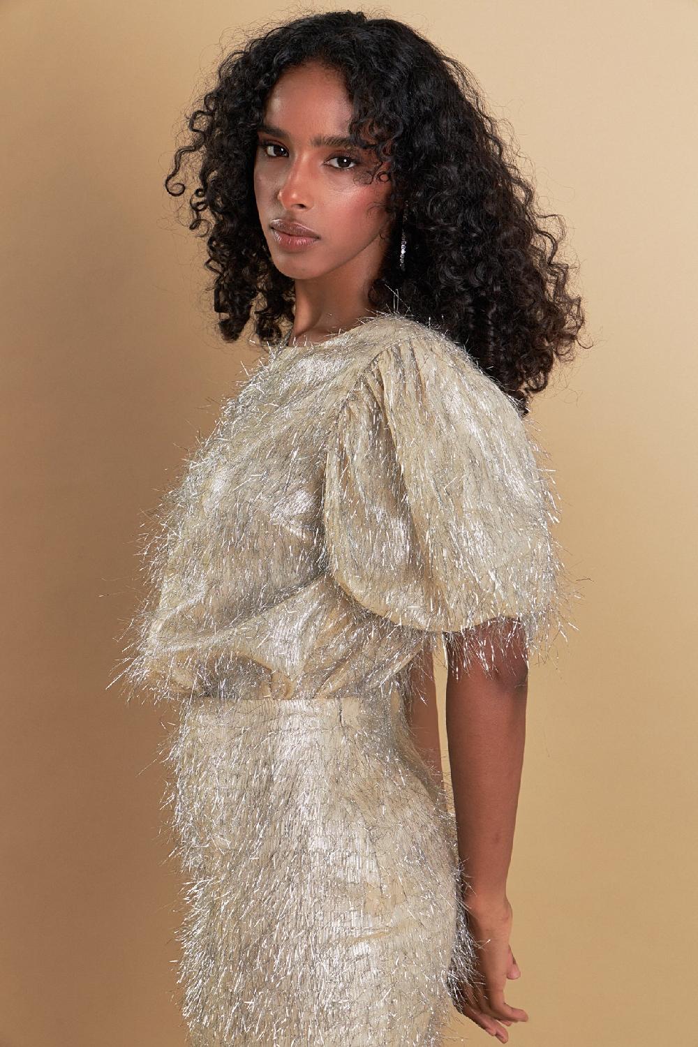 endless rose Fringe Puff Sleeve Top CHAMPAGNE