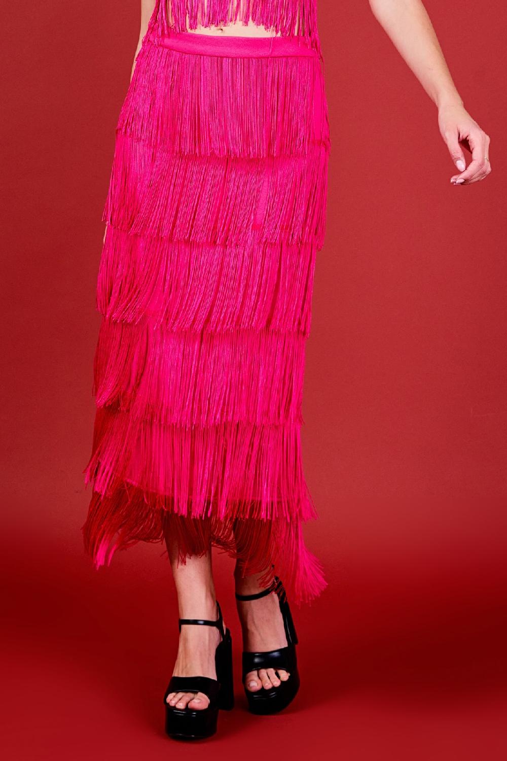 Endless Rose Fringe Tiered Maxi Skirt FUCHSIA