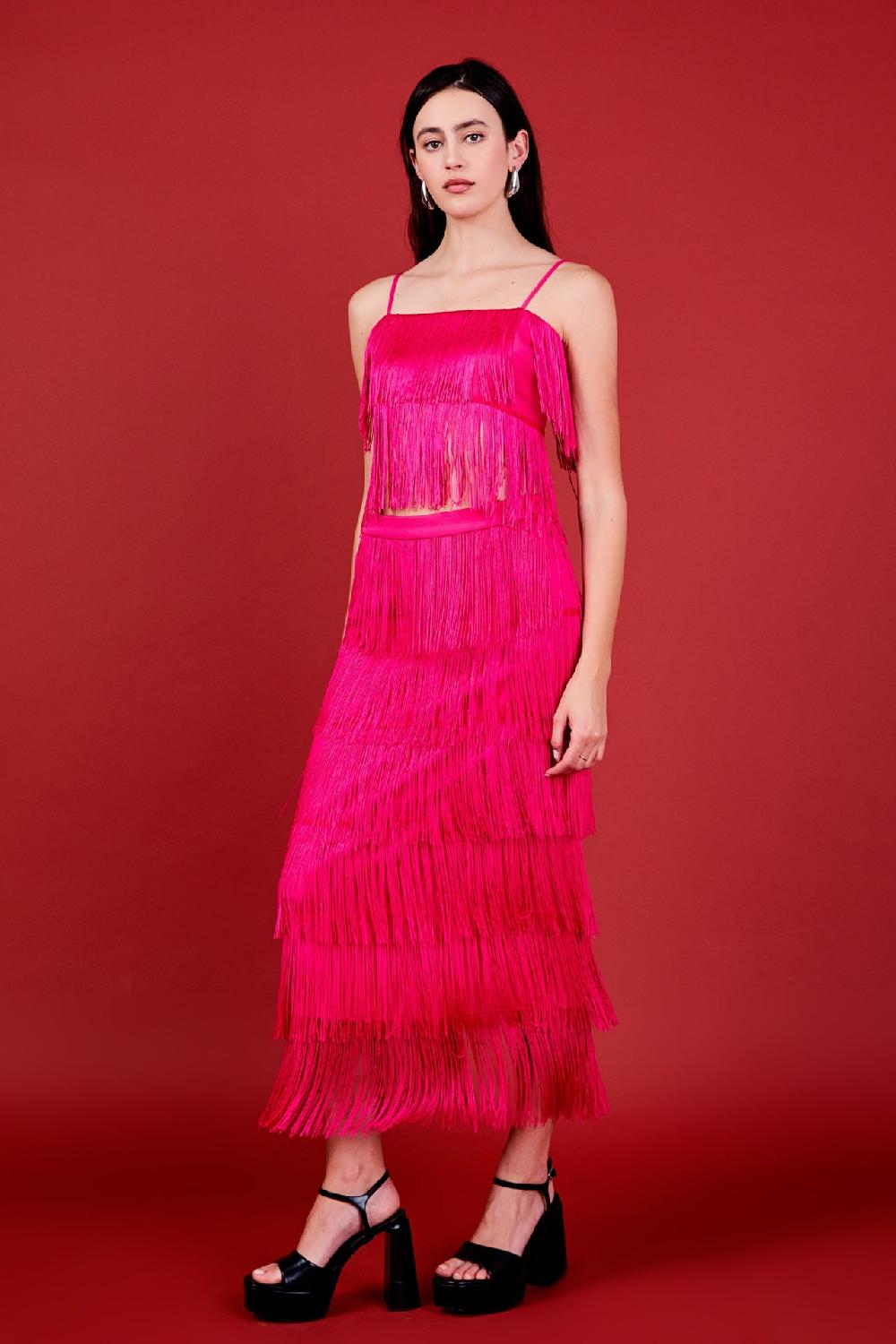 Endless Rose Fringe Tiered Maxi Skirt FUCHSIA