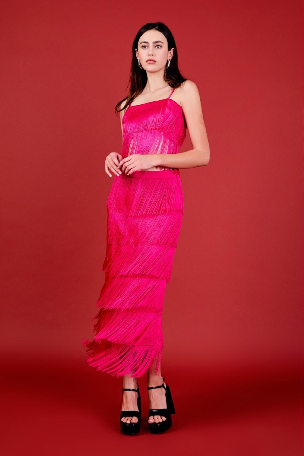 endless rose Fringe Tiered Maxi Skirt FUCHSIA