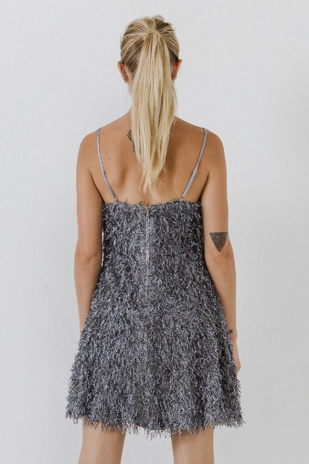 Endless Rose Fringed Flare Mini Dress GREY