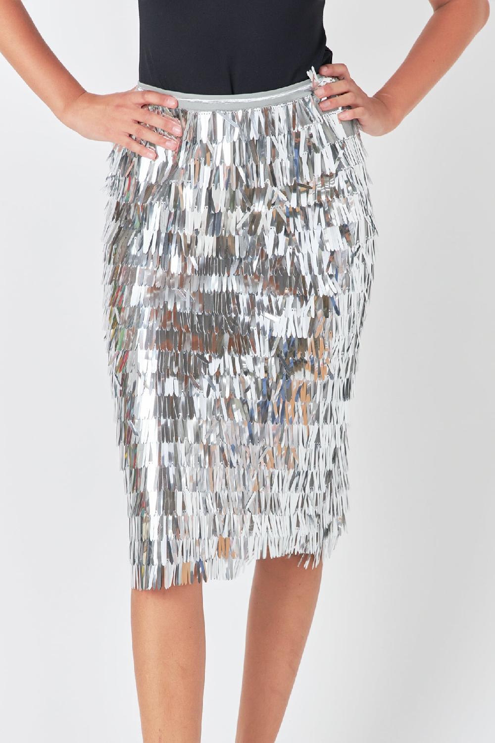 Endless Rose Fringed Metallic Midi Skirt SILVER
