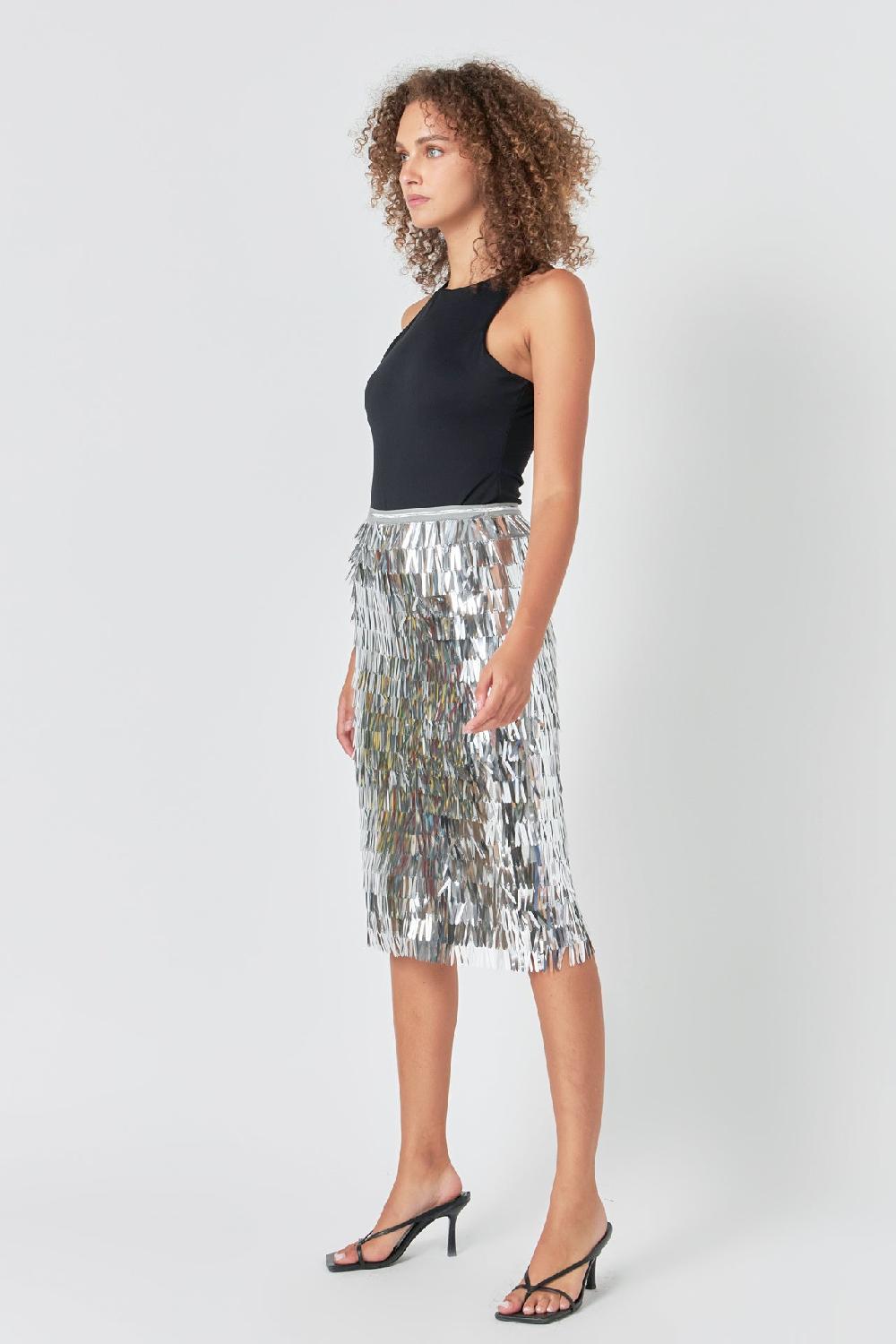 Endless Rose Fringed Metallic Midi Skirt SILVER