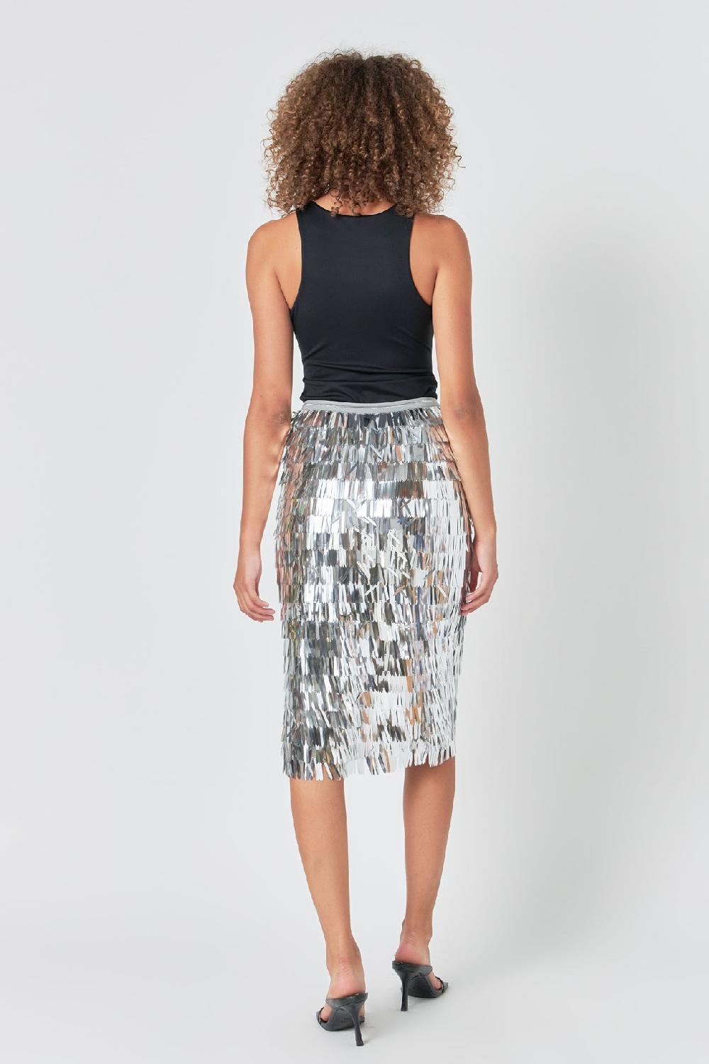 Endless Rose Fringed Metallic Midi Skirt SILVER
