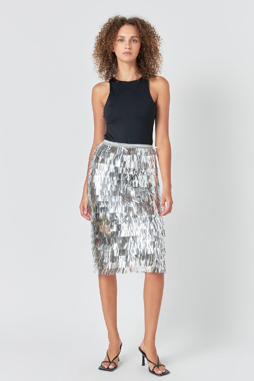 endless rose Fringed Metallic Midi Skirt SILVER