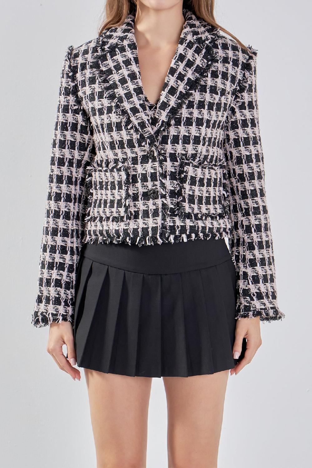 Endless Rose Fringed Tweed Blazer BLACK/PINK