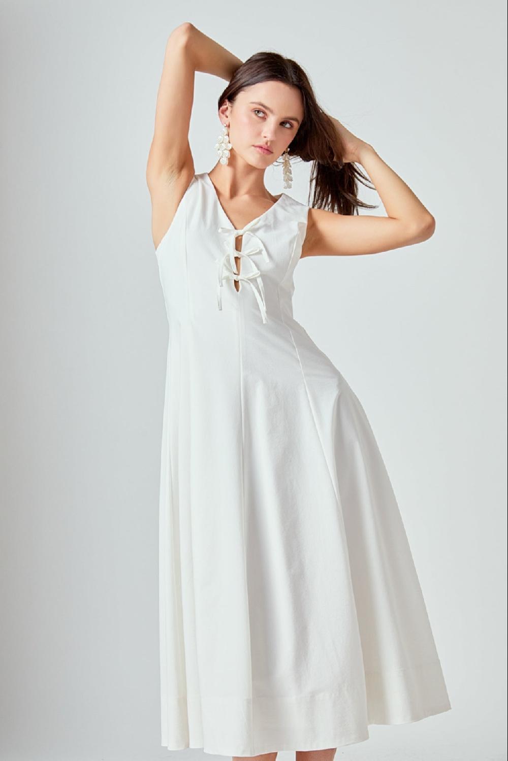 endless rose Front Bow Tie Midi Dress WHITE