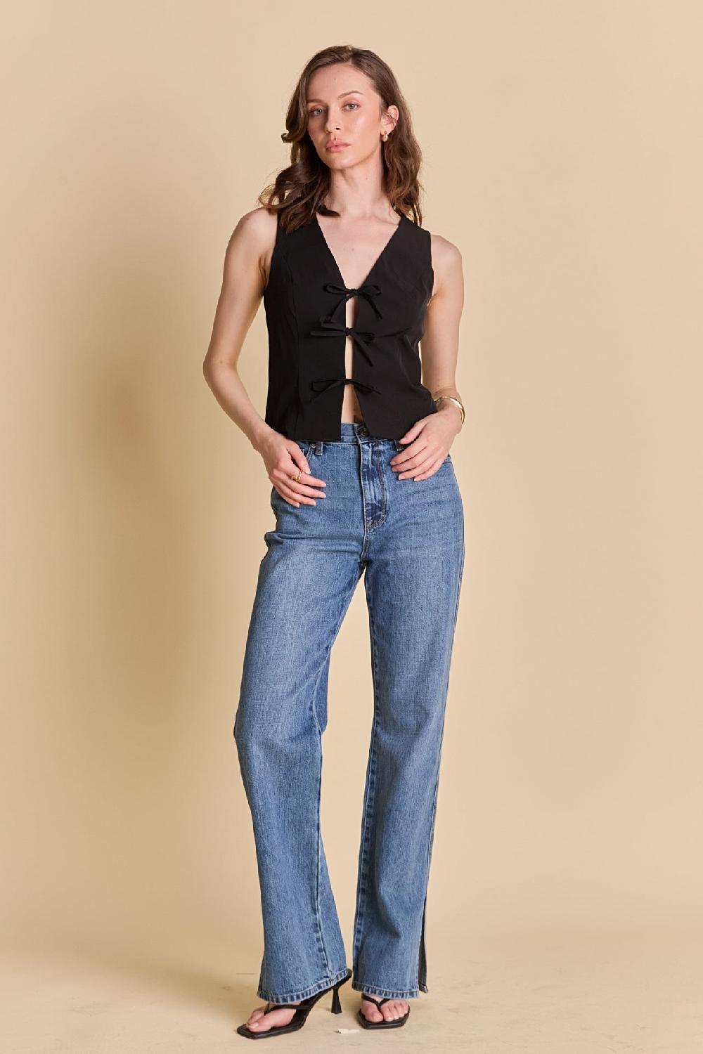 Endless Rose Front Bow Tie Stretch Top BLACK