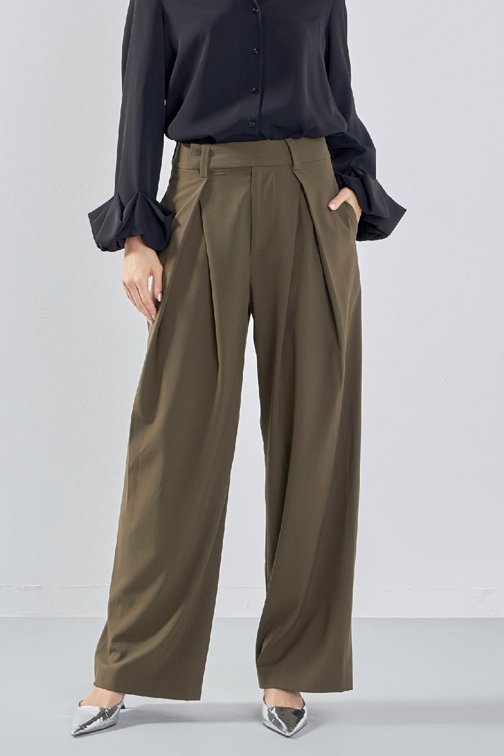 Endless Rose Front Pleat Wide Trousers OLIVE