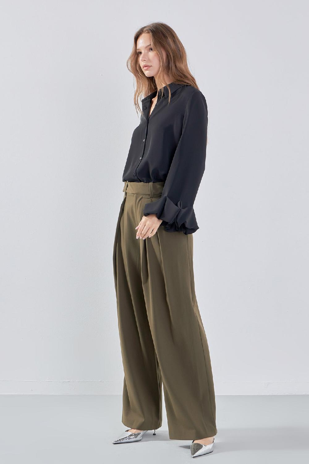 Endless Rose Front Pleat Wide Trousers OLIVE