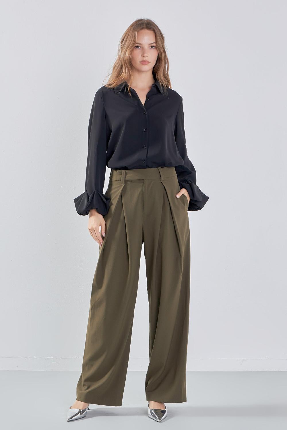 endless rose Front Pleat Wide Trousers OLIVE