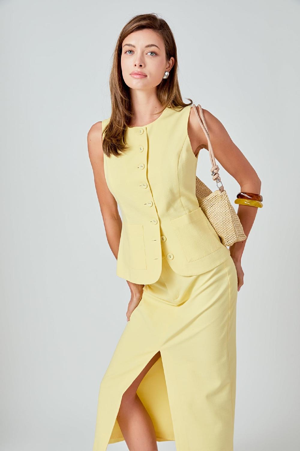 Endless Rose Front Slit Linen Midi Skirt BUTTER