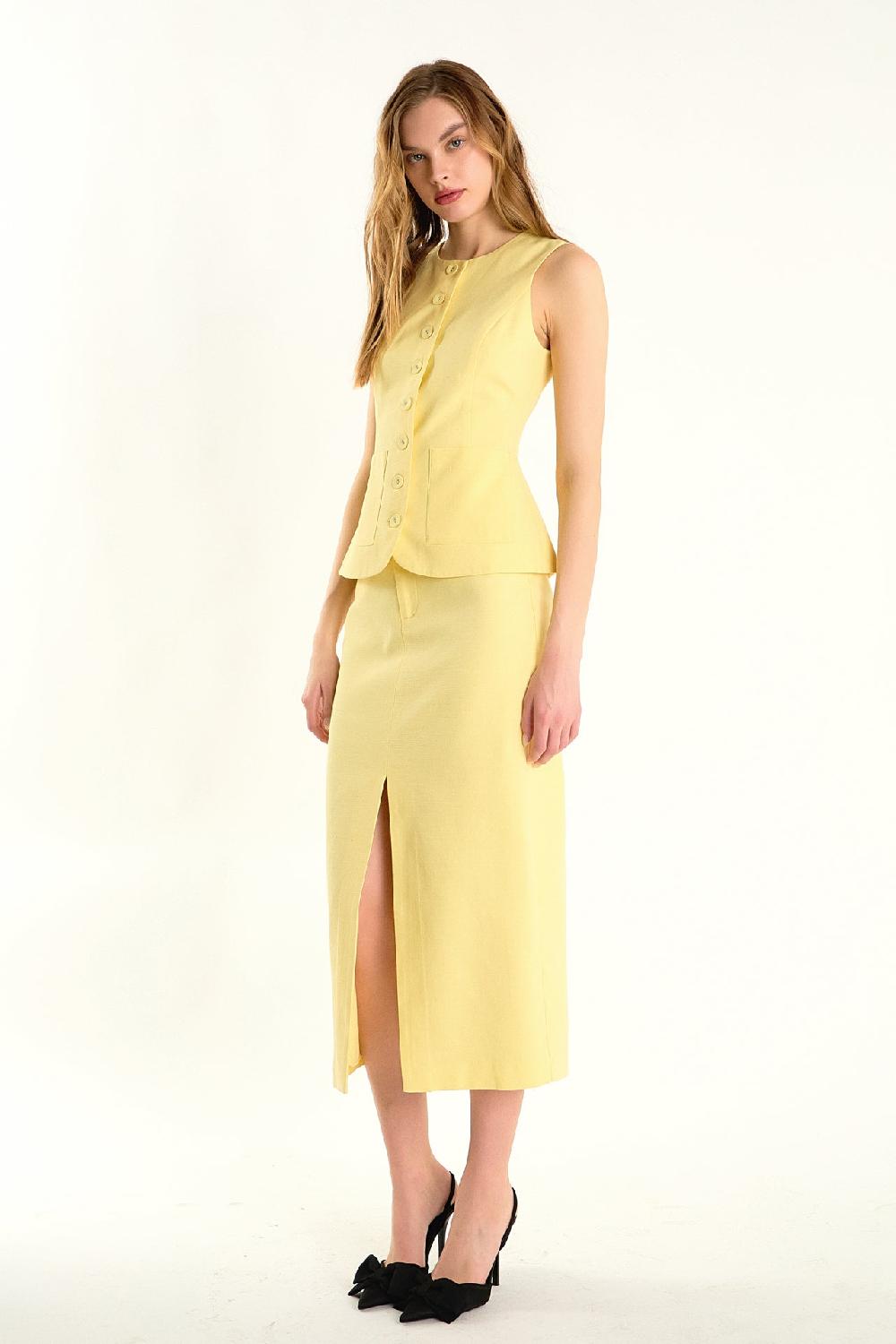 Endless Rose Front Slit Linen Midi Skirt BUTTER