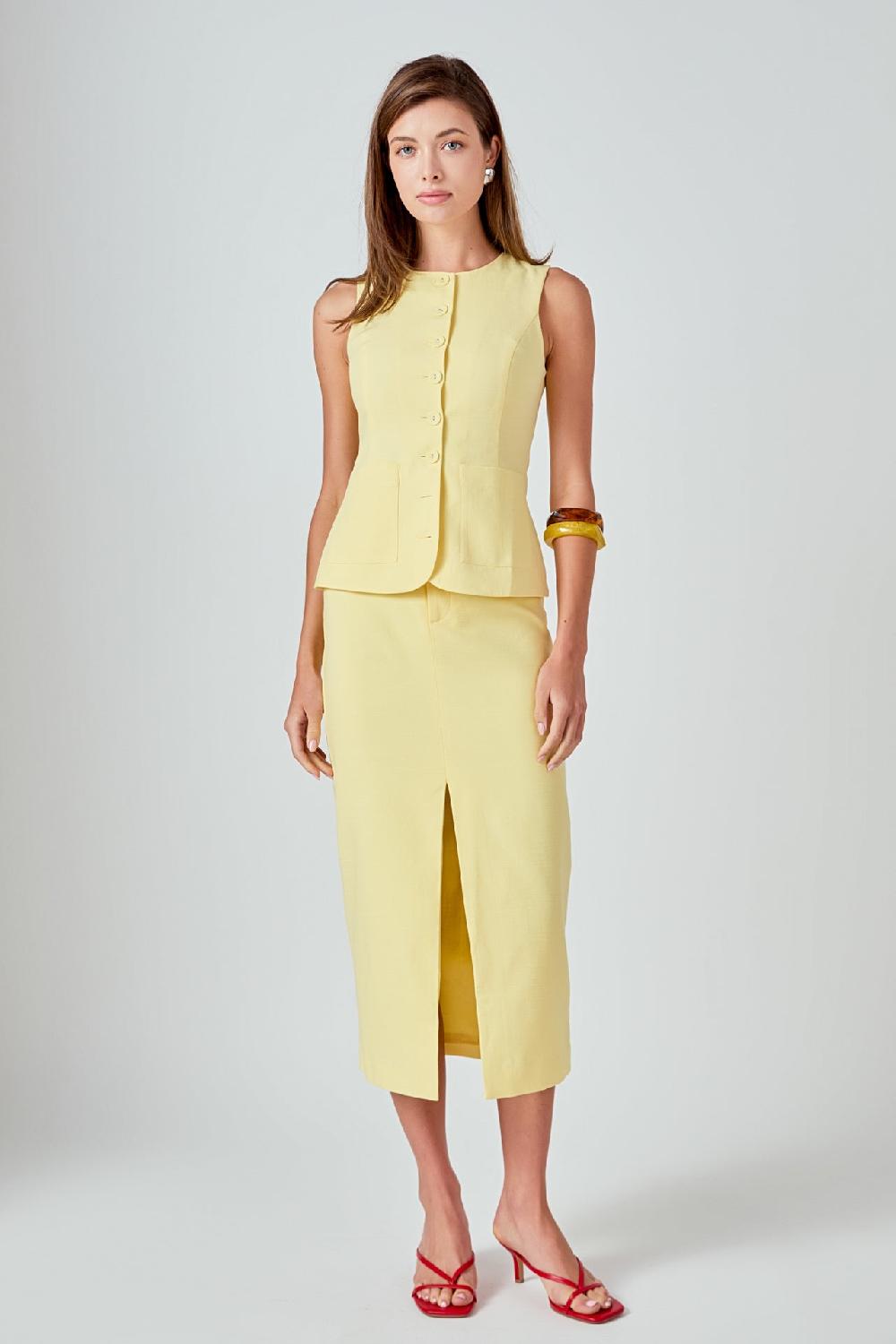 endless rose Front Slit Linen Midi Skirt BUTTER