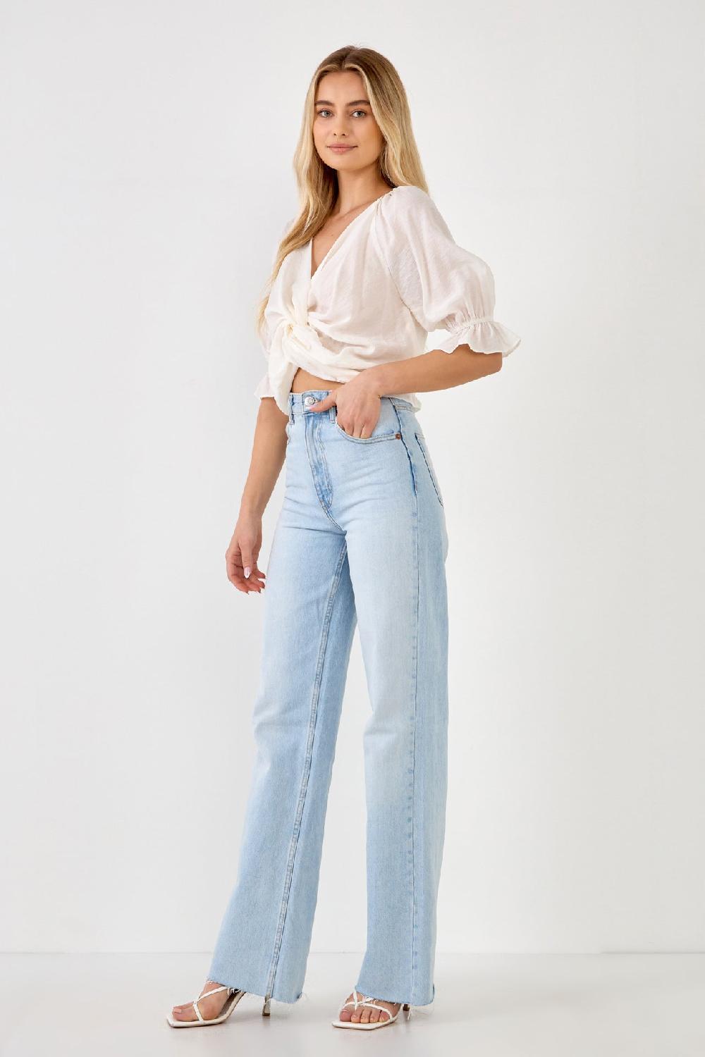 Endless Rose Front Twisted Puff Sleeve Top WHITE