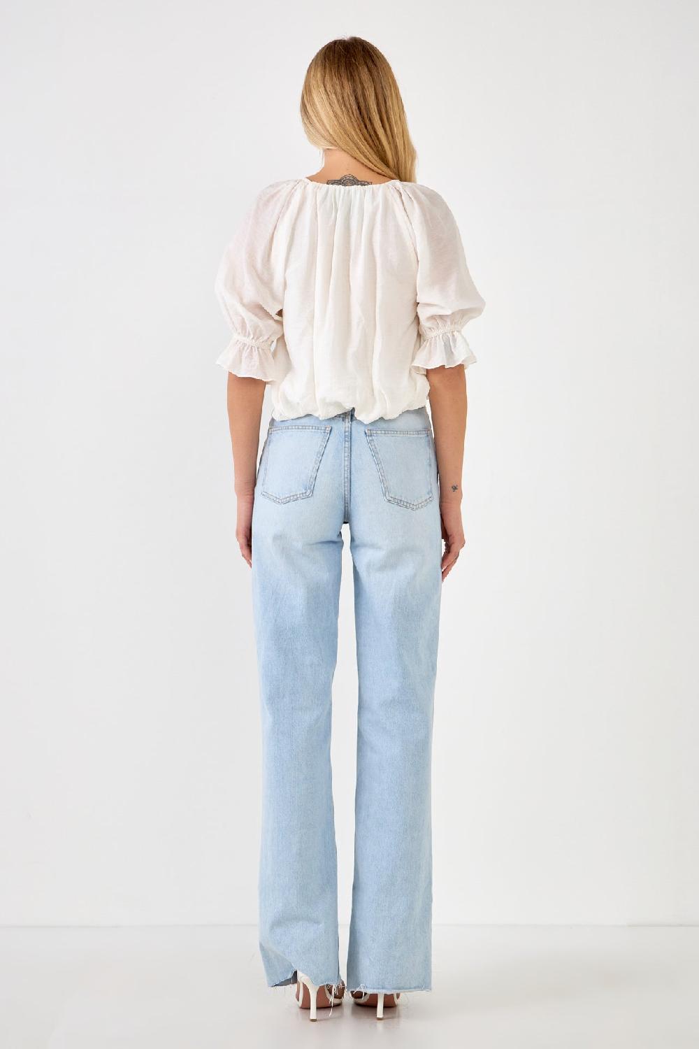 Endless Rose Front Twisted Puff Sleeve Top WHITE