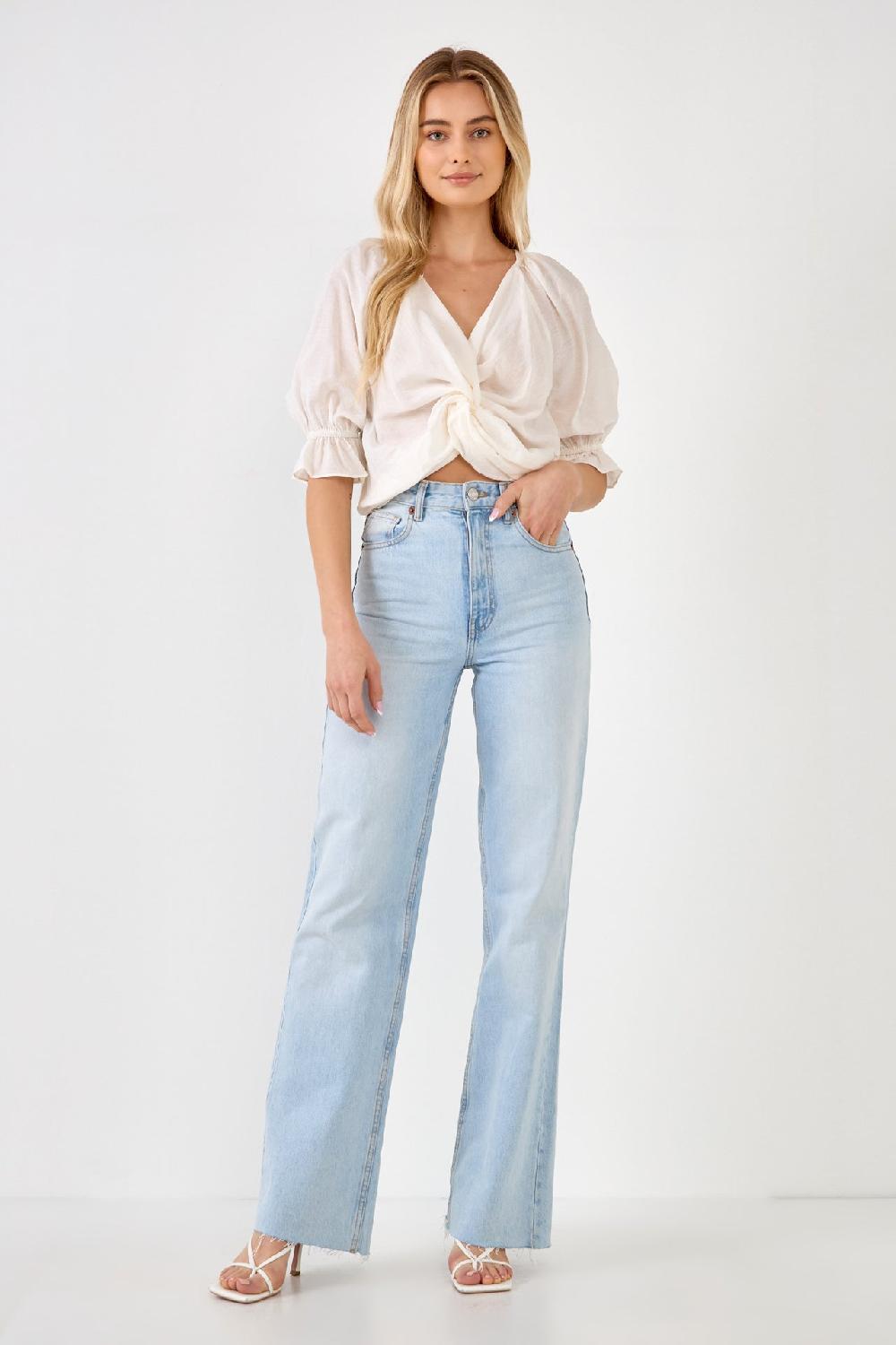 Endless Rose Front Twisted Puff Sleeve Top WHITE