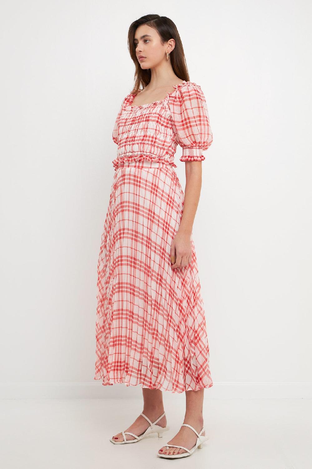 Endless Rose Gingham Pleated Midi Skirt RED/WHITE