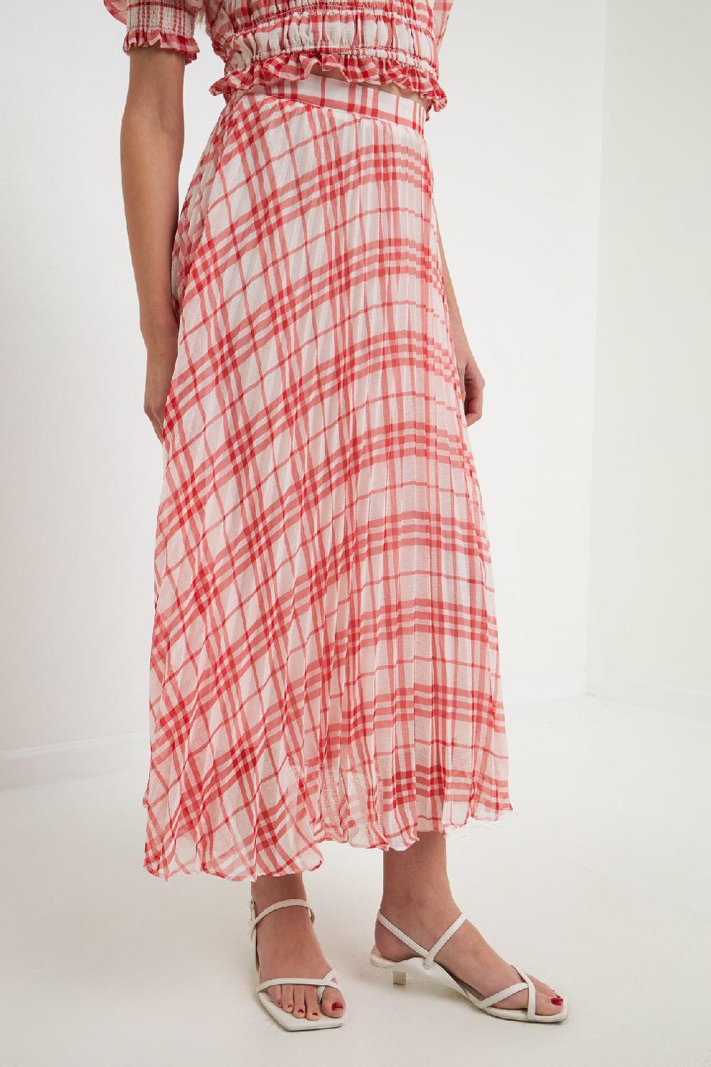 Endless Rose Gingham Pleated Midi Skirt RED/WHITE