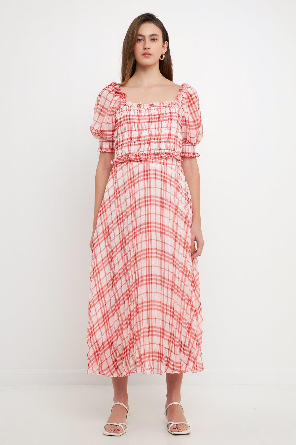 endless rose Gingham Pleated Midi Skirt RED/WHITE