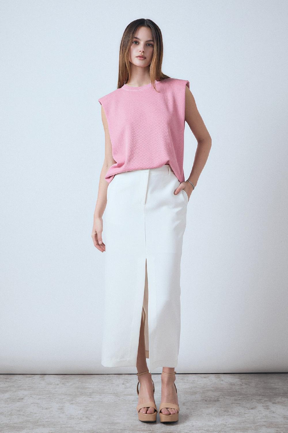 endless rose Glitter Power Shoulder Knit Top PINK