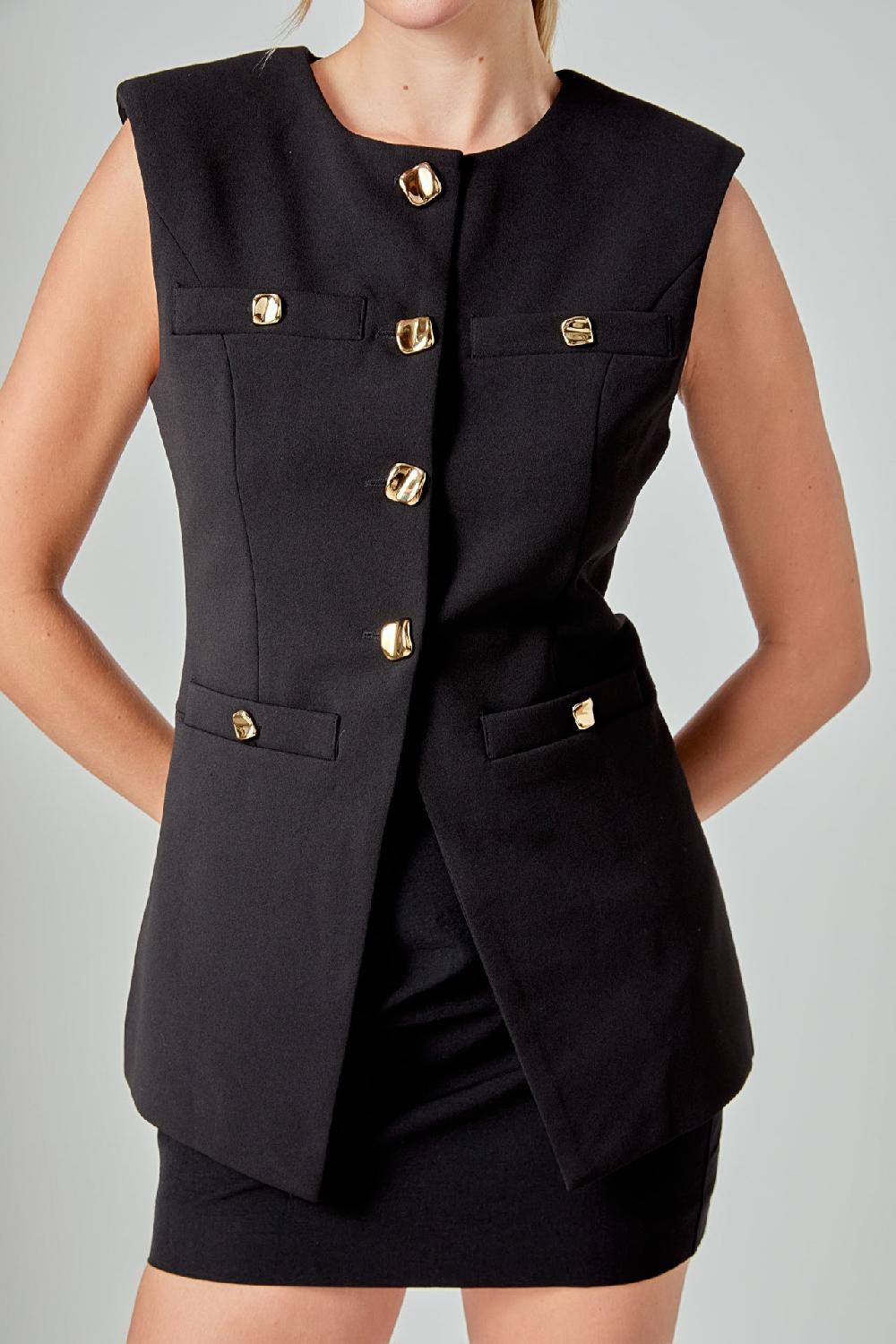 Endless Rose Gold Button Detail Long Vest BLACK