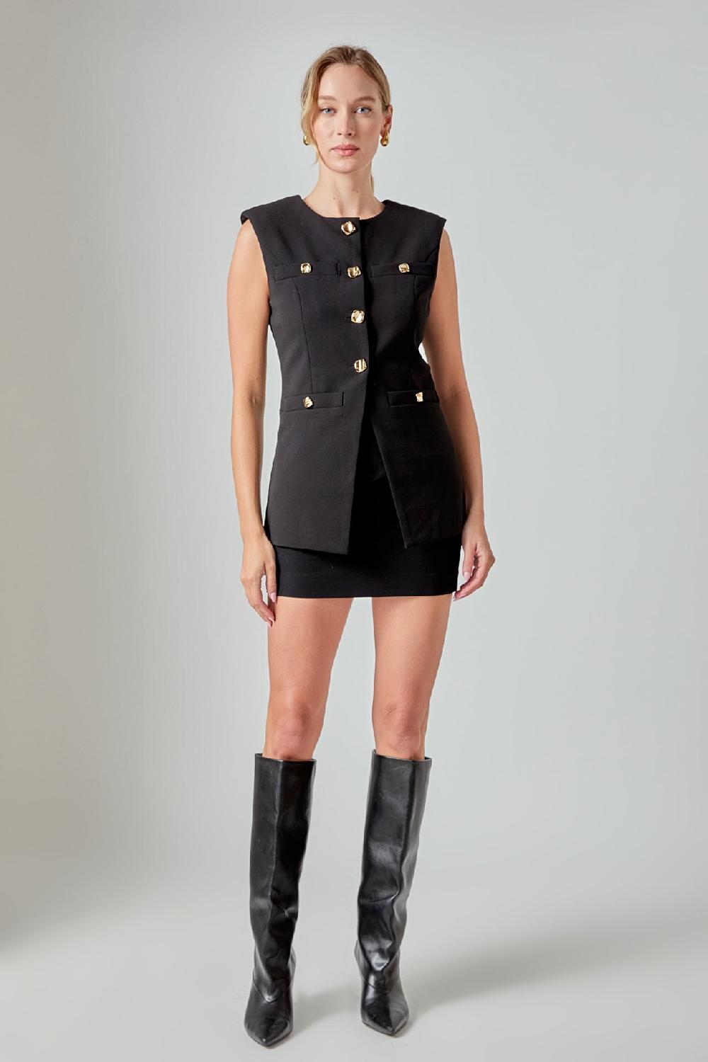 endless rose Gold Button Detail Long Vest BLACK