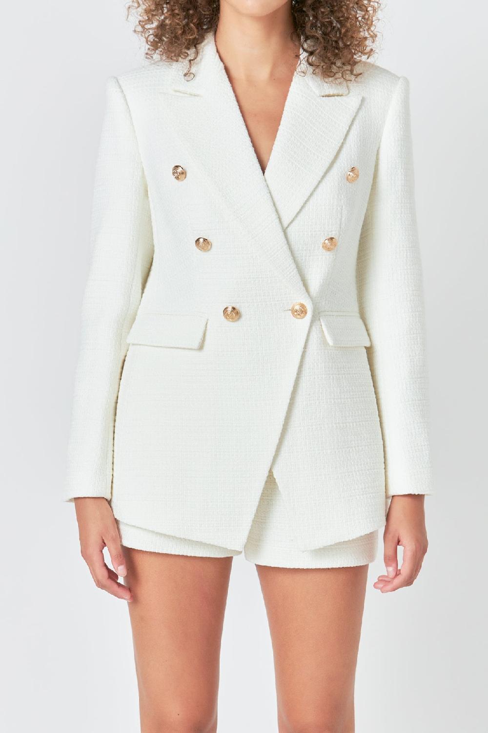 Endless Rose Gold Buttoned Tweed Blazer WHITE