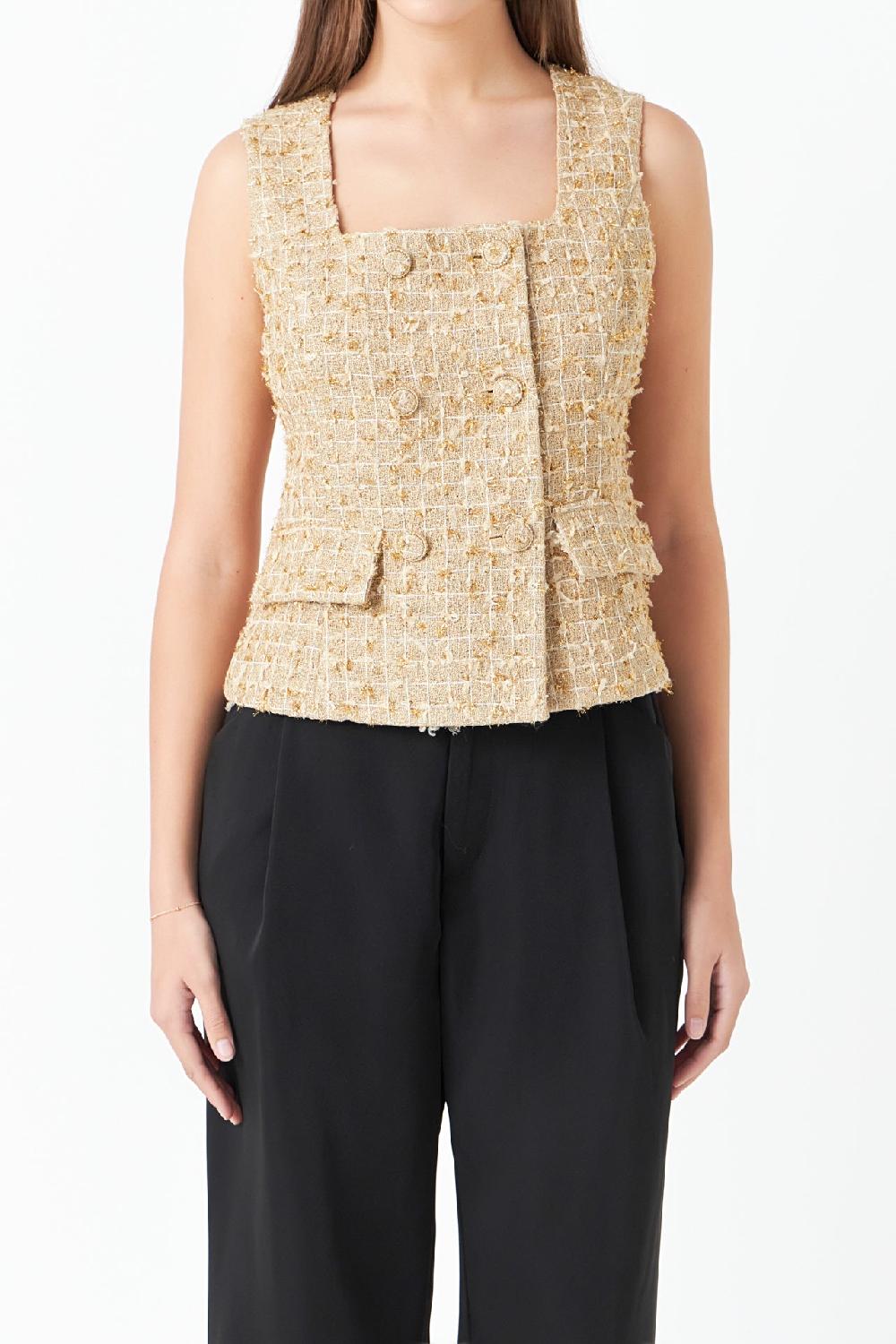 Endless Rose Gold Tweed Double Button Top GOLD