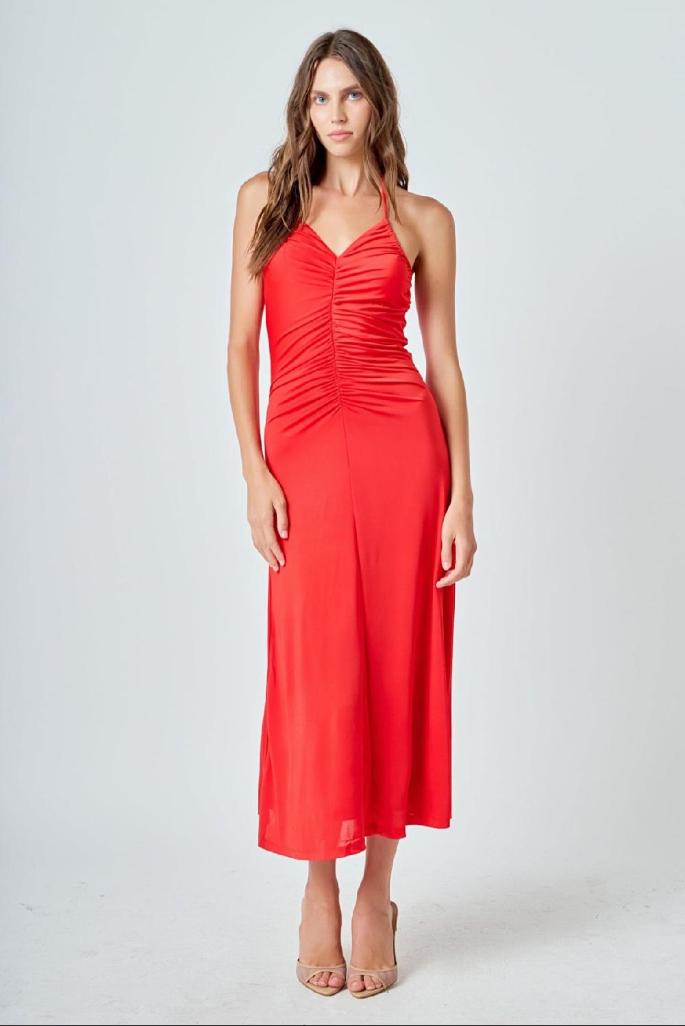 endless rose Halter Ruched Maxi Dress ROUGE