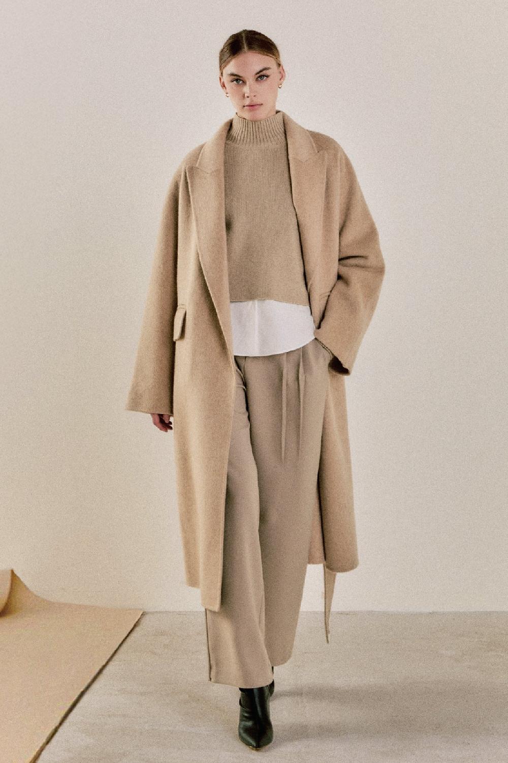 endless rose Handmade Blend Belted Maxi Coat BROWN