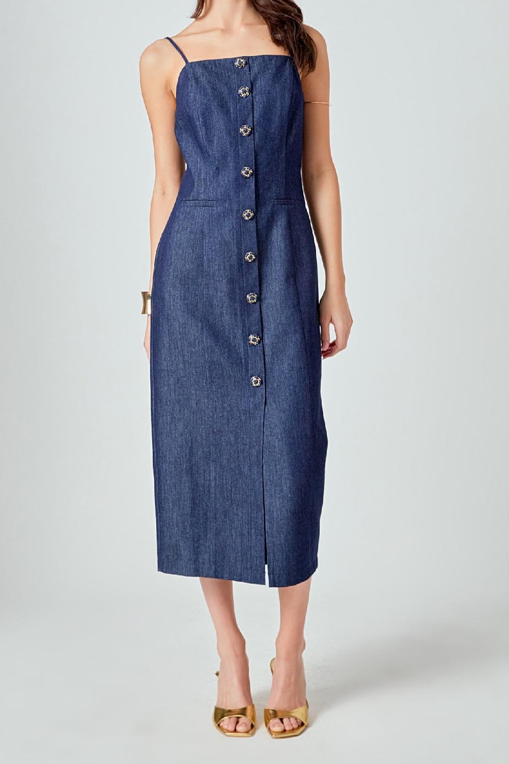 Endless Rose High Neck Denim Midi Dress NAVY DENIM