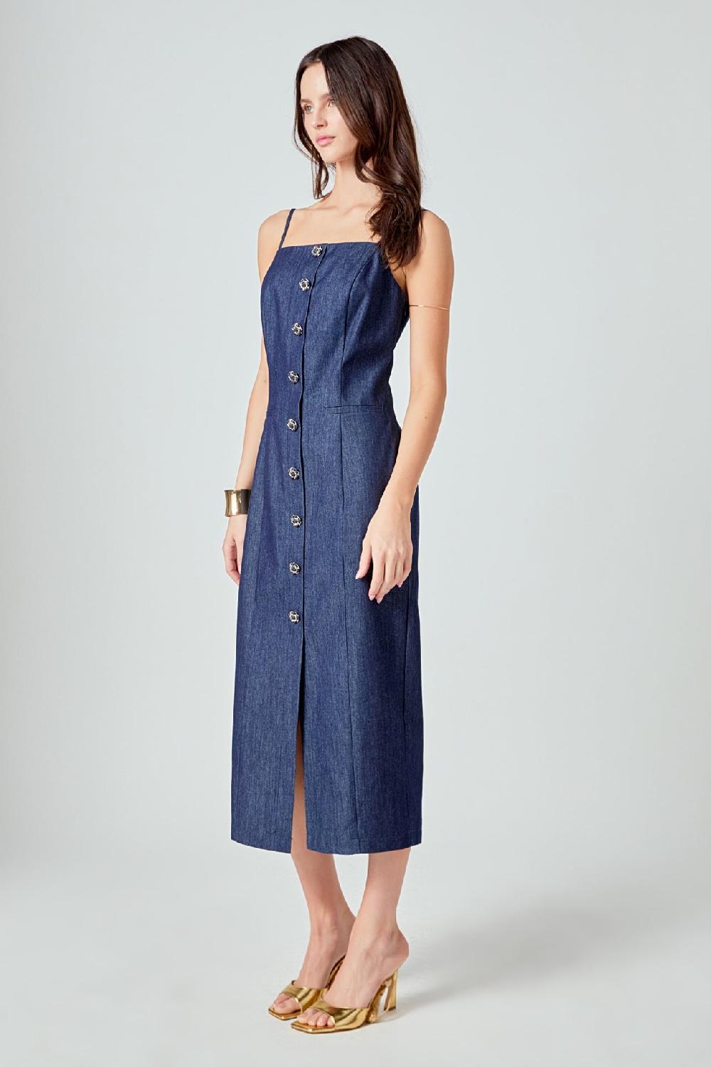Endless Rose High Neck Denim Midi Dress NAVY DENIM
