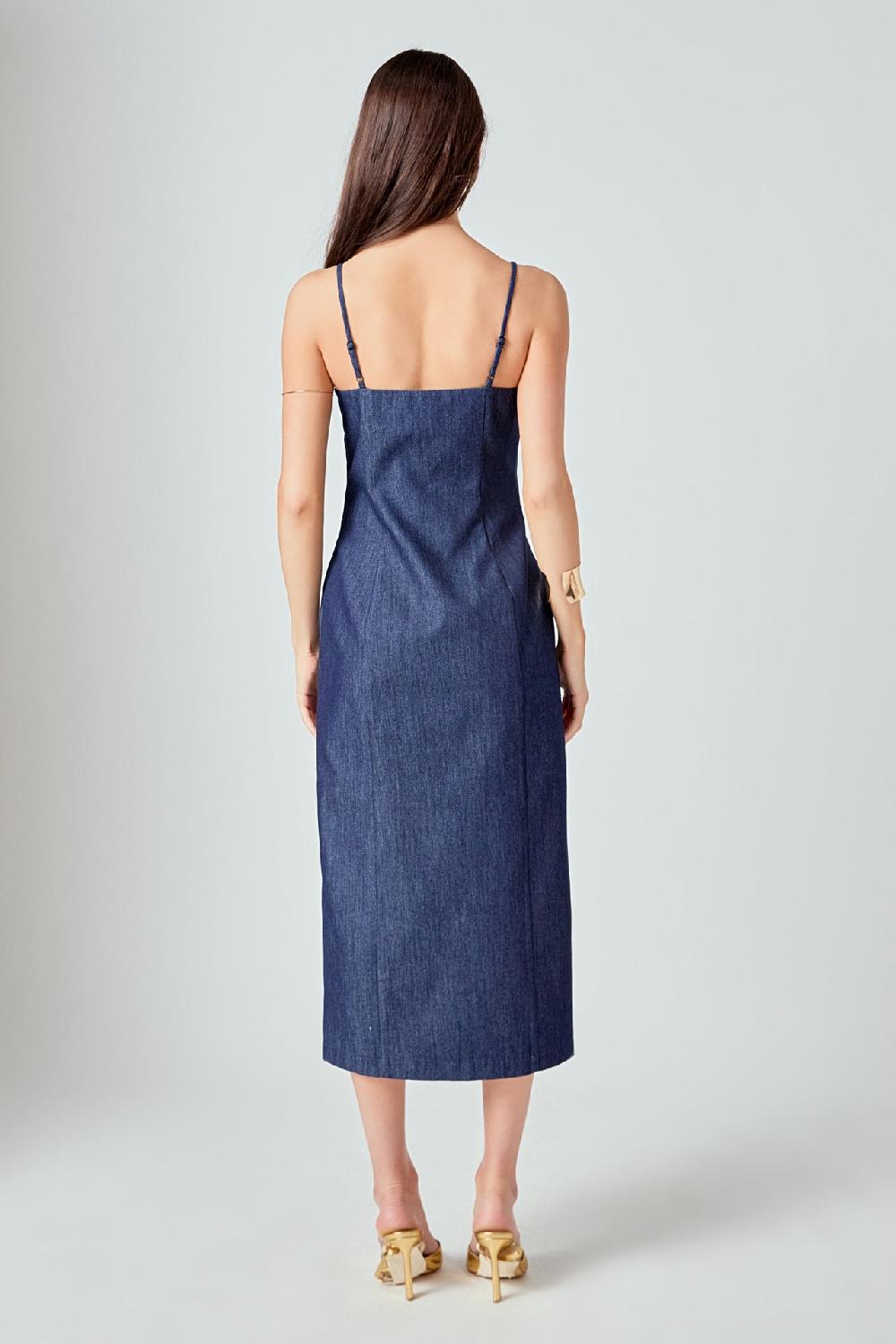 Endless Rose High Neck Denim Midi Dress NAVY DENIM