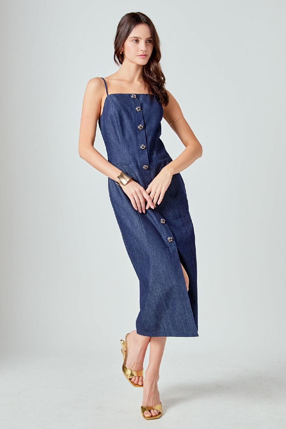 endless rose High Neck Denim Midi Dress NAVY DENIM