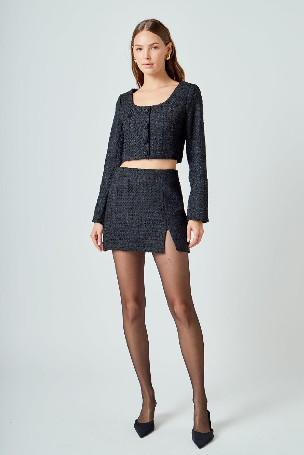 endless rose High Waisted Tweed Mini Skirt BLACK