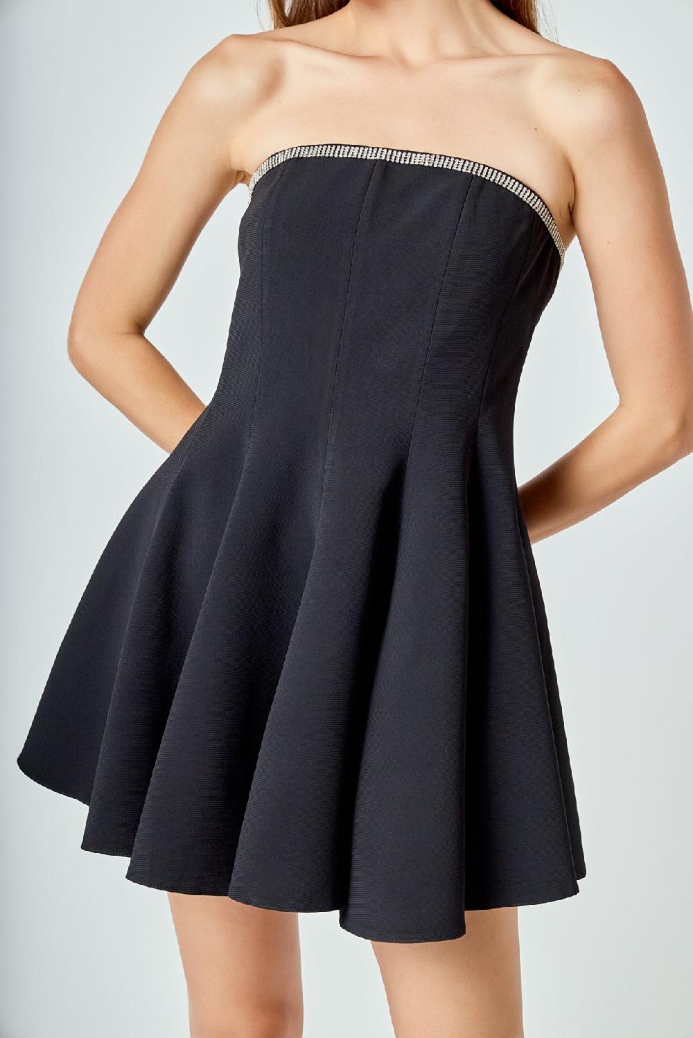 Endless Rose Jewel Trim Flounced Mini Dress BLACK