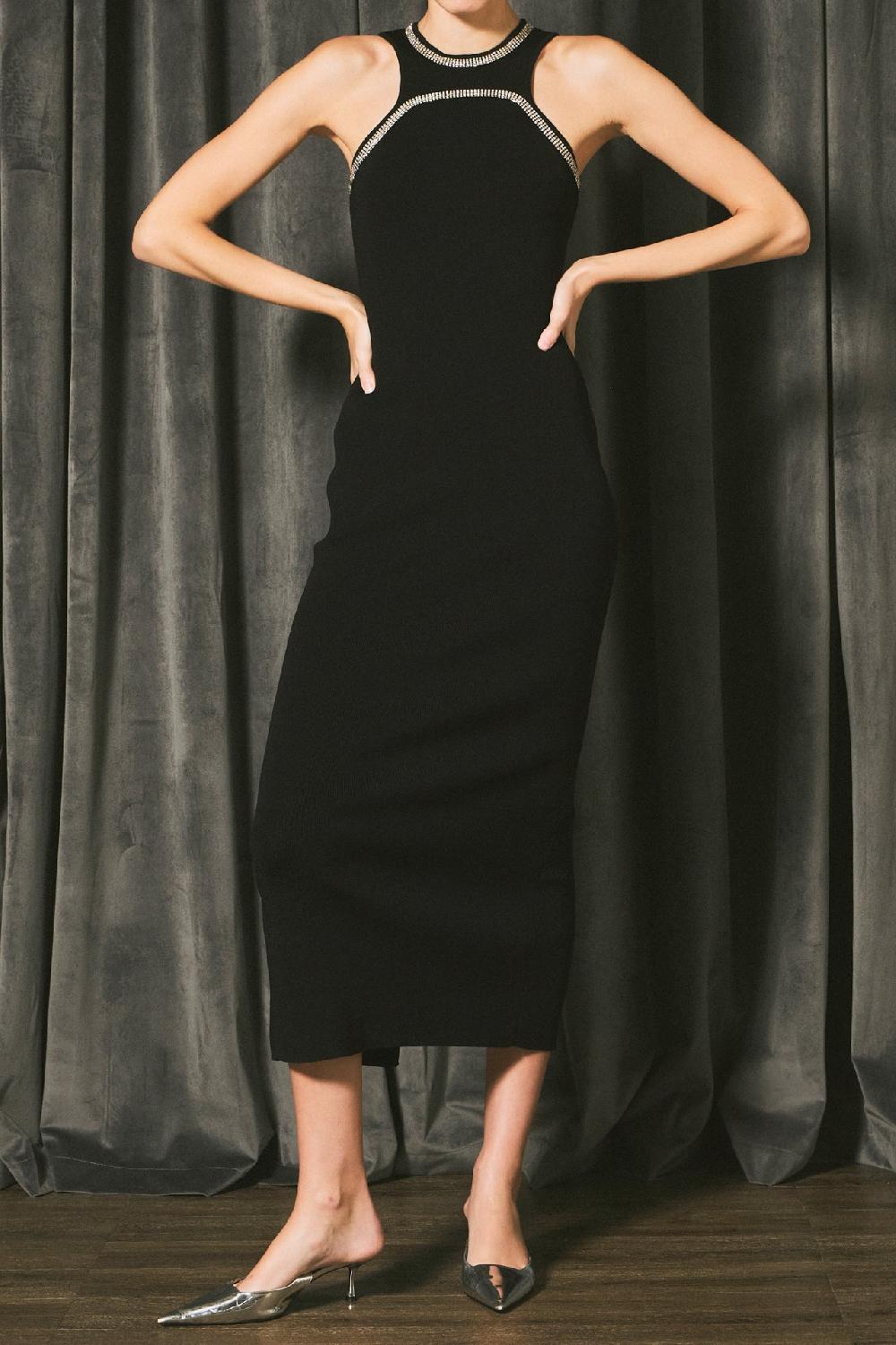 Endless Rose Jewel Trim Knit Maxi Dress BLACK