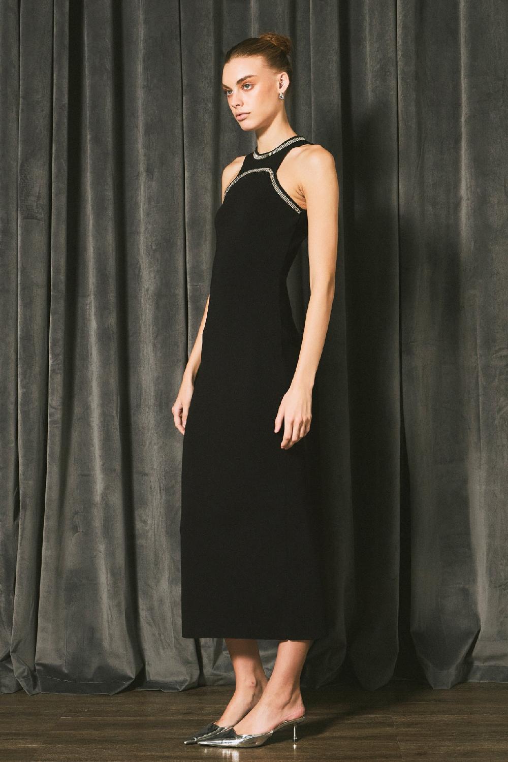 Endless Rose Jewel Trim Knit Maxi Dress BLACK