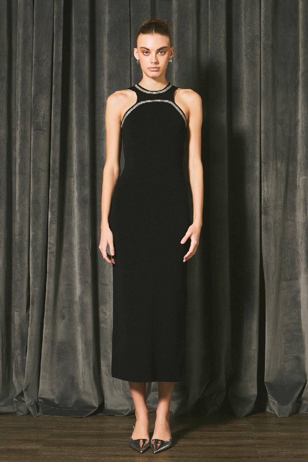 endless rose Jewel Trim Knit Maxi Dress BLACK